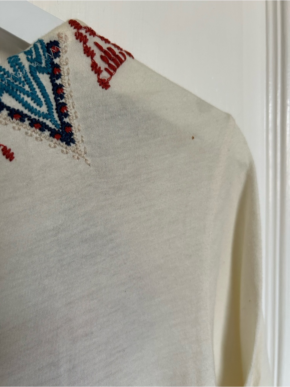 Johnny Was Cream Long Sleeve Embroidered Boho Dress with Red and Teal Accents - Picture 6 of 7